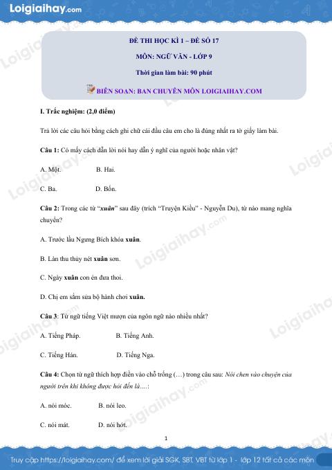 Đề số 17 - Đề kiểm tra học kì 1 (Đề thi học kì 1) - Ngữ văn 9